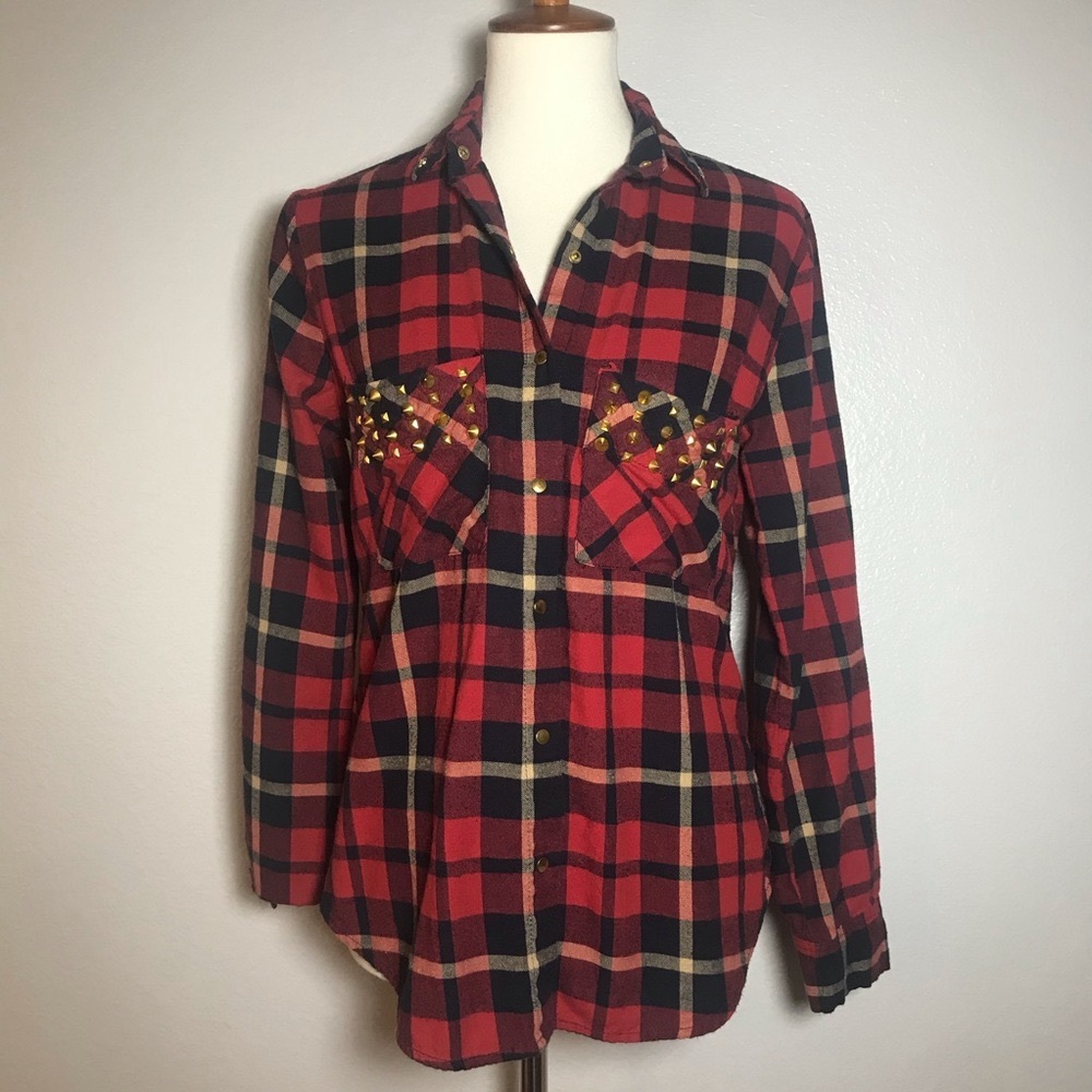 COTTON ON Women’s Plaid Button Down Brass Stud Detail Flannel Shirt Size…